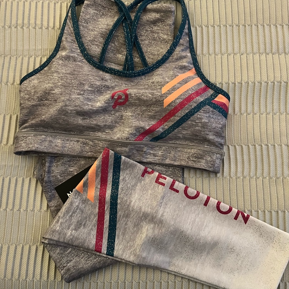 Peloton Gray Sports Bra and Leggings with Multicolor Stripes